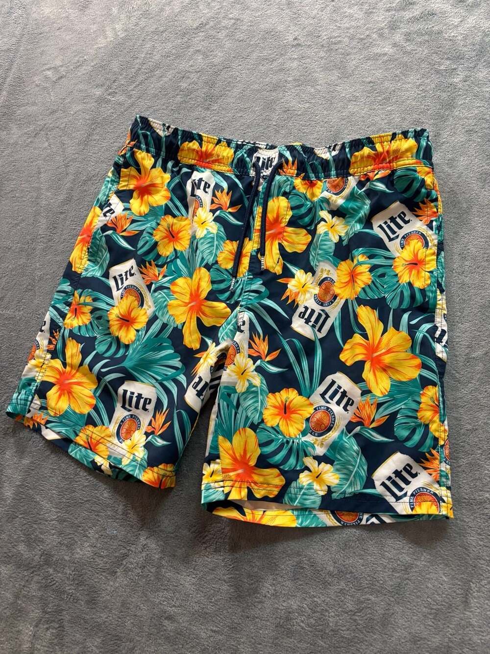 Size large Valor Miller Lite Swim Trunks Mens Medium Tropical Beer Print EUC